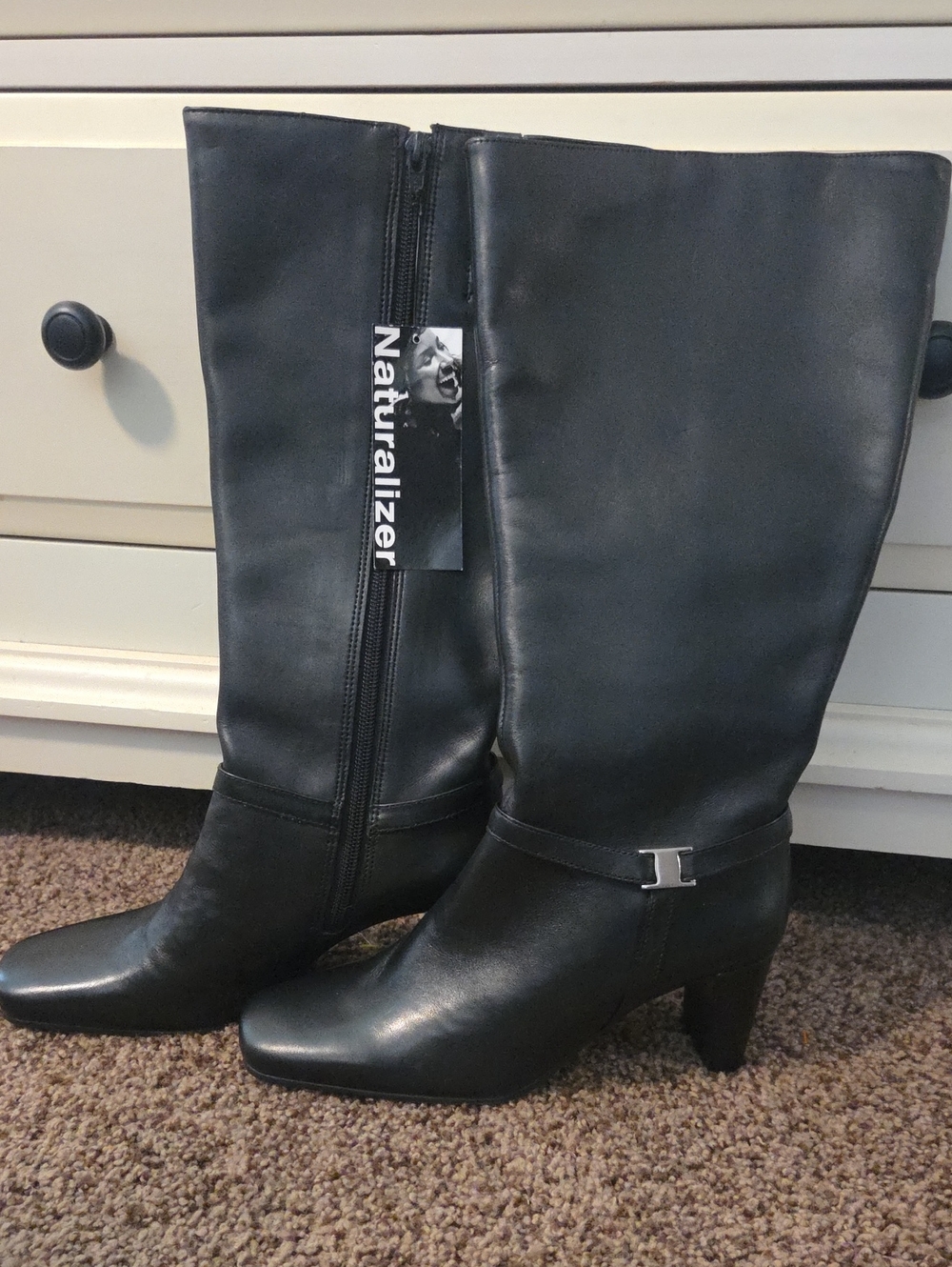 Naturalizer Black Leather Knee High Heeled Boots